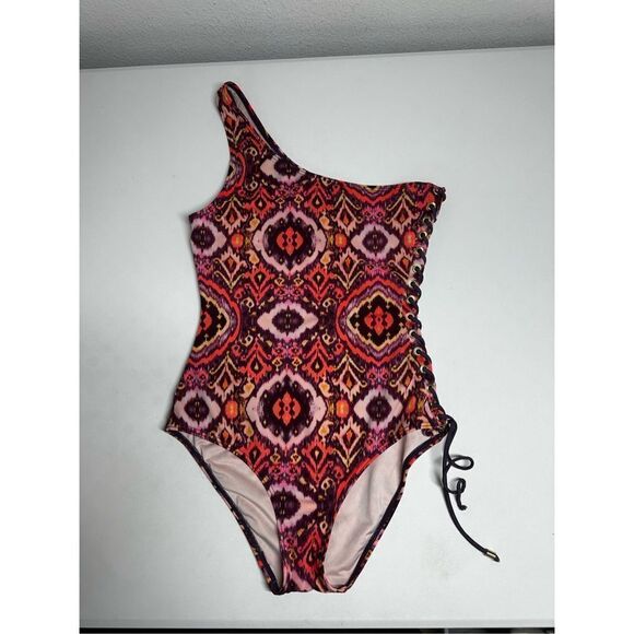 Victoria's Secret Red Pink Paisley One Shoulder Side Lace Up One Piece Swimsuit - Picture 1 of 9